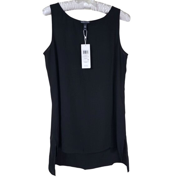 NWT Eileen Fisher System Black Silk Crepe Long Tunic Shell Top $218 XS Old Money - Picture 1 of 10